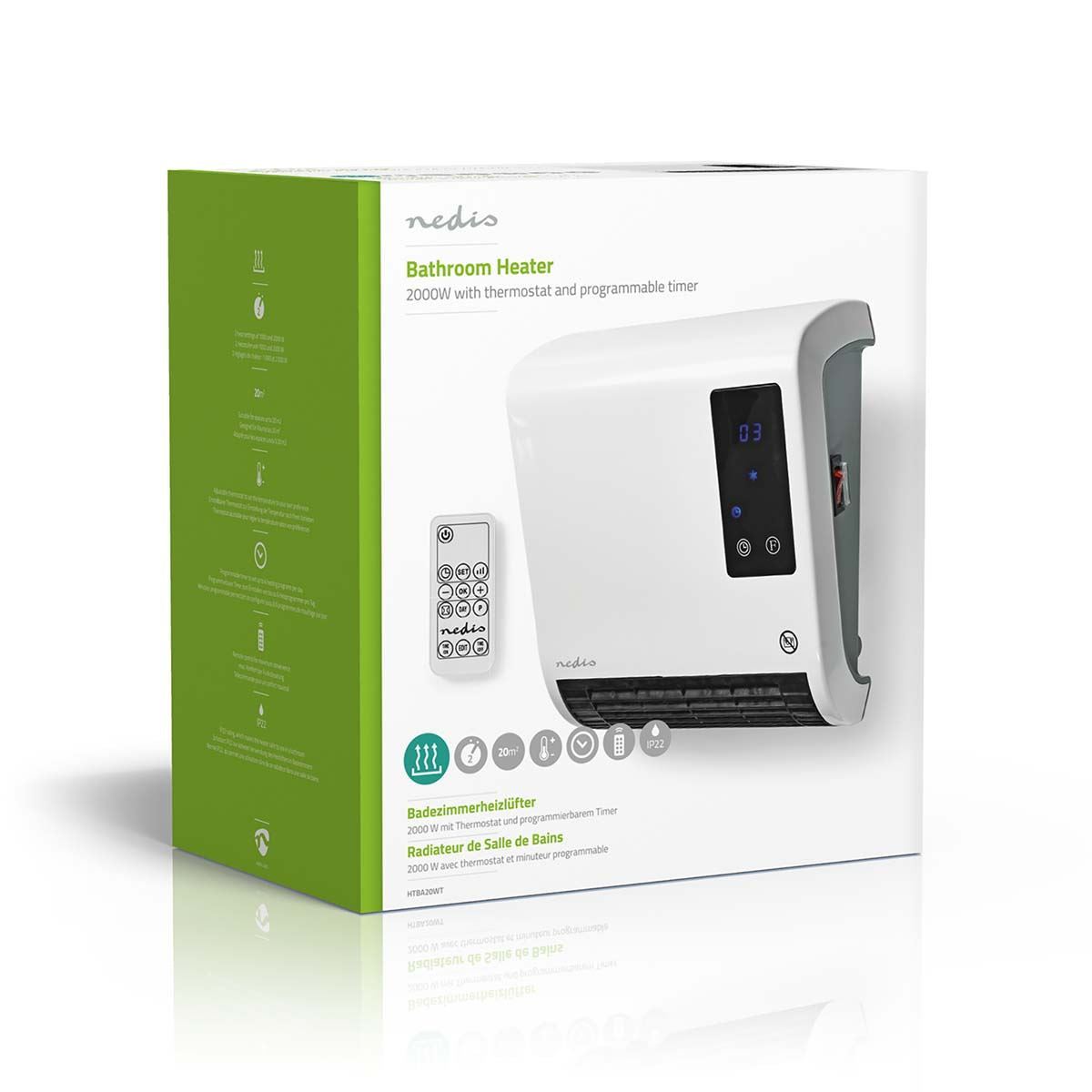 Nedis Bathroom Fan Heater, 2kW, Wall Mounted, with LED Display, 2 Heat Power Settings, 7 Day Timer and Remote Control, White