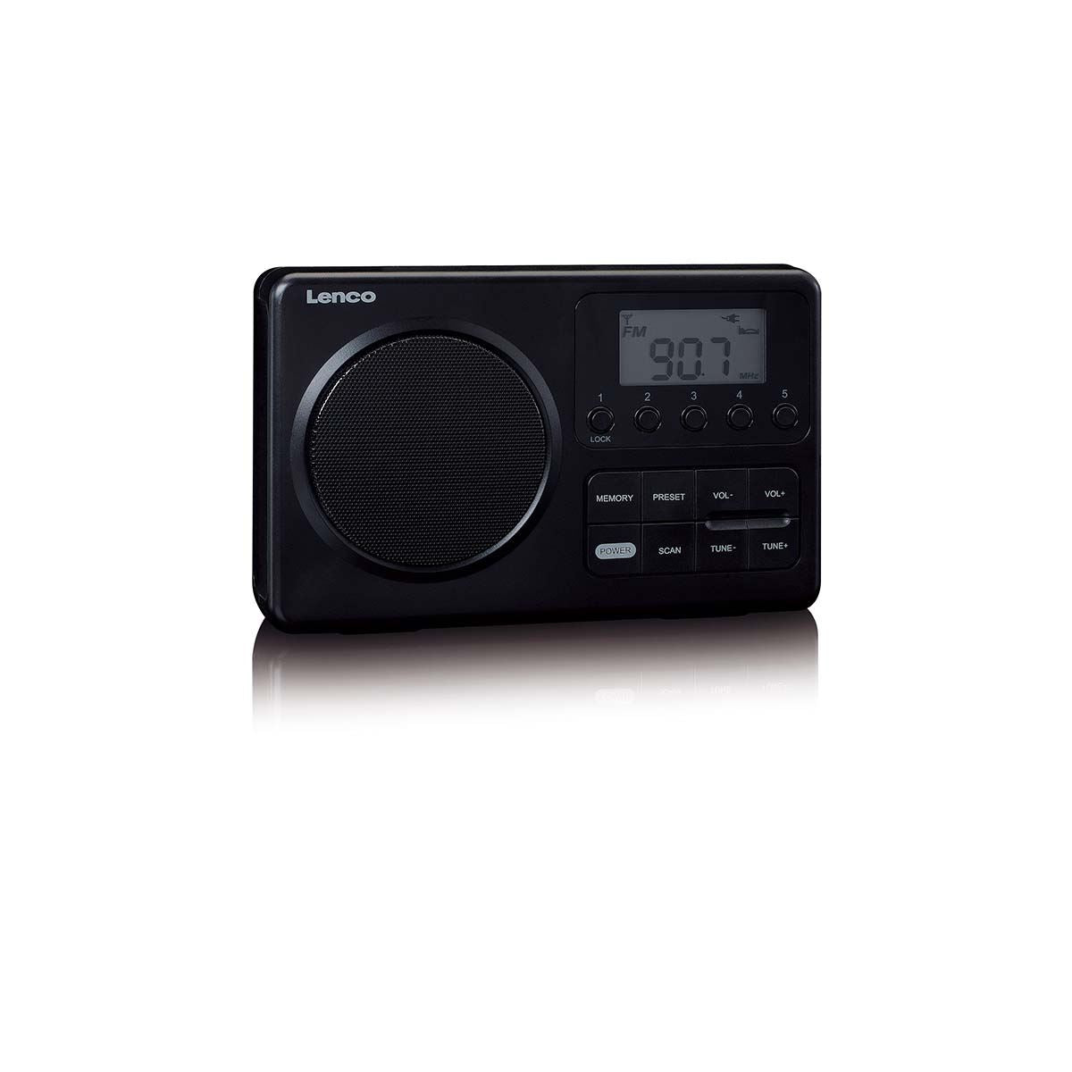 Lenco Compact Portable FM Radio, Mains or Battery Powered with LCD Screen - Black