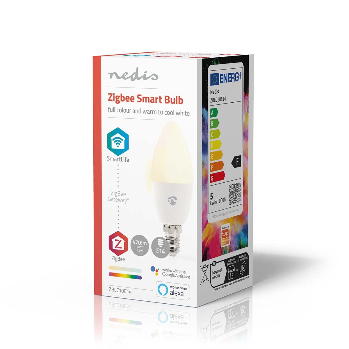 Nedis SmartLife Full Colour LED Bulb, E14 Zigbee Candle Light, Dimmable, RGB + 2200-6500K, Voice Control with Amazon Alexa & Google Home, Timer Function