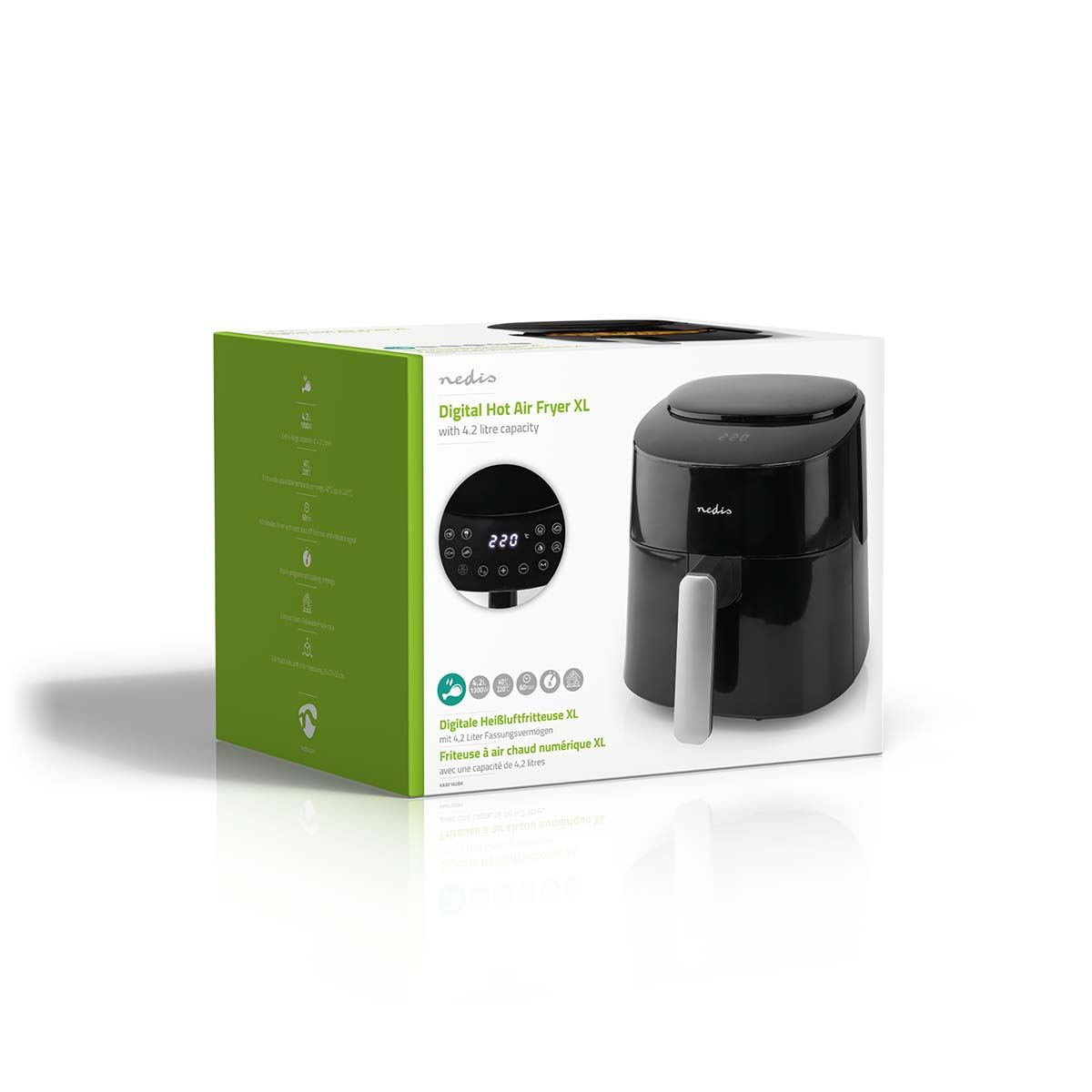 Nedis 4.2L Hot Air Fryer XXL for Healthy Low Fat Cooking, with Adjustable Temperature, Digital Display Control, 8 Presets and 240 Minute Timer, 1300W - Black