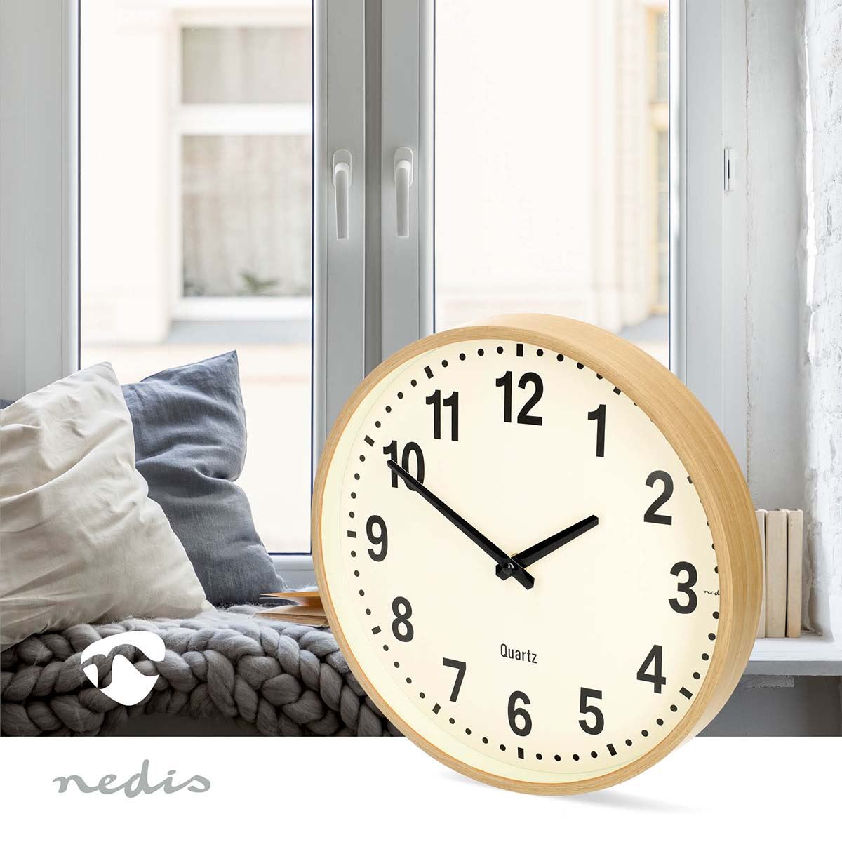 Nedis 30cm Wall Clock with Easy Read Numbers, Battery Powered - Light Wood