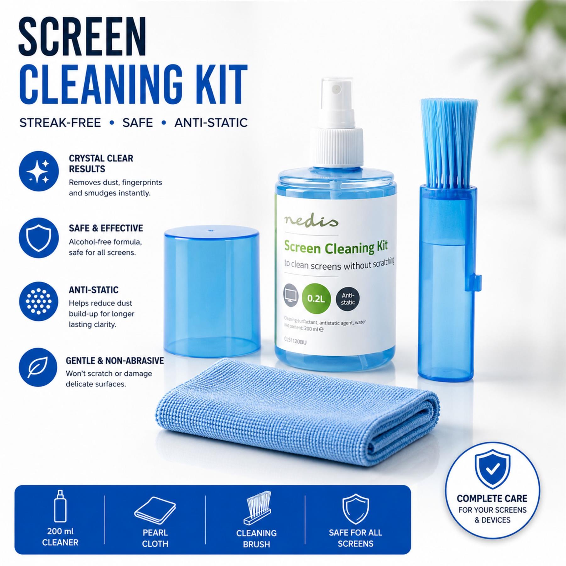 Nedis Screen Cleaner Kit for TV, PC, Smartphone & Tablet, 200 ml Spray, Brush & Pearl Cloth
