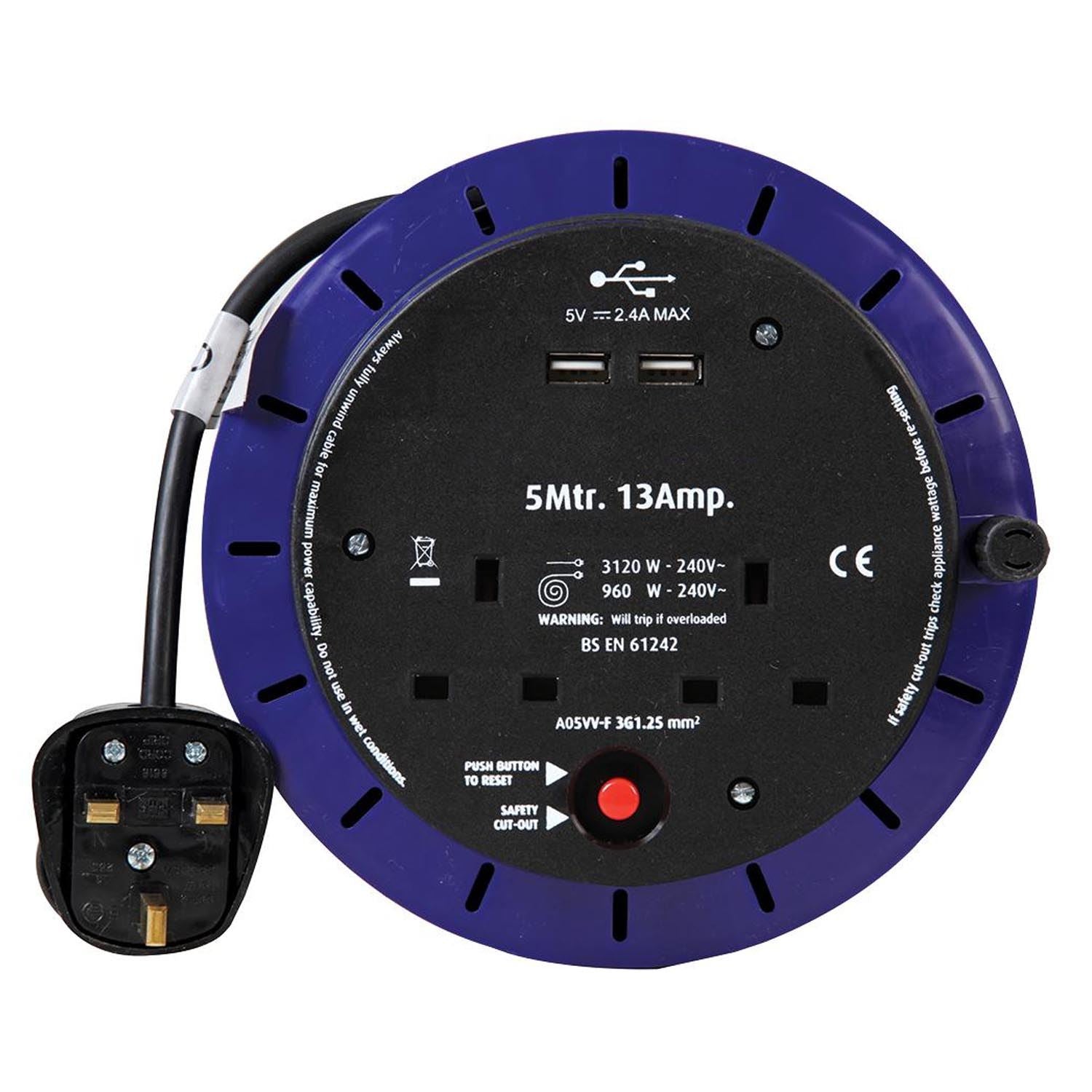 2 Gang 5m Mains Extension Socket Lead Cassette Reel with USB, 13A