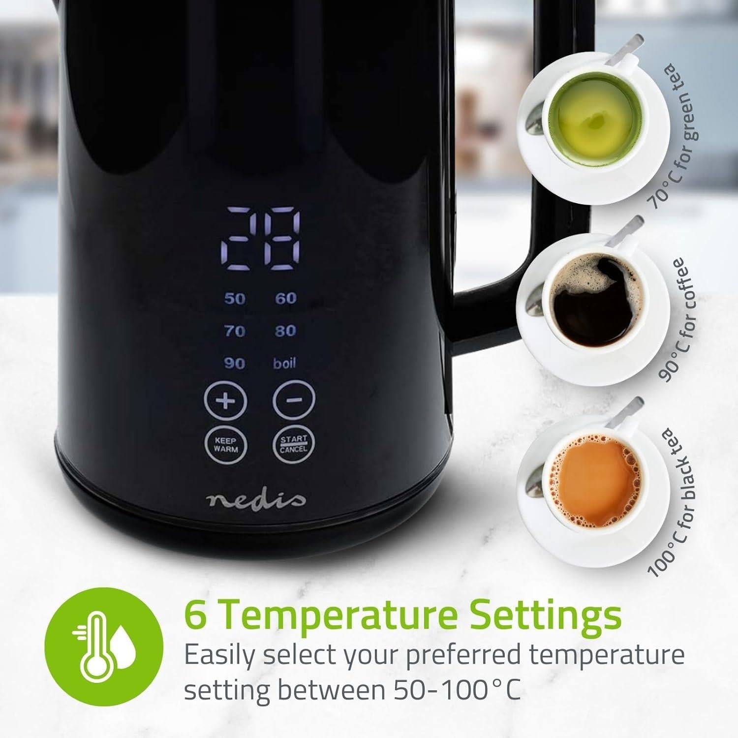 Nedis Electric Kettle 1.7L, Digital Temp Control 50-100oC, Keep Warm Function, 360 Degree Cordless Base, Black