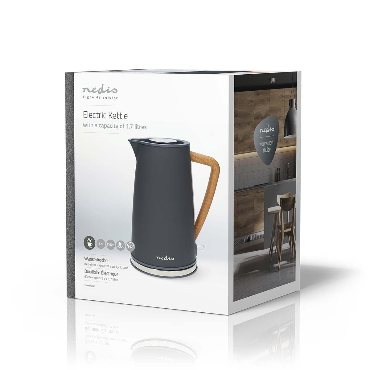 Nedis 1.7L Soft Touch Jug Kettle with Wood Effect Handle, Overheat Protection, Removeable Filter, 2.2KW - Grey