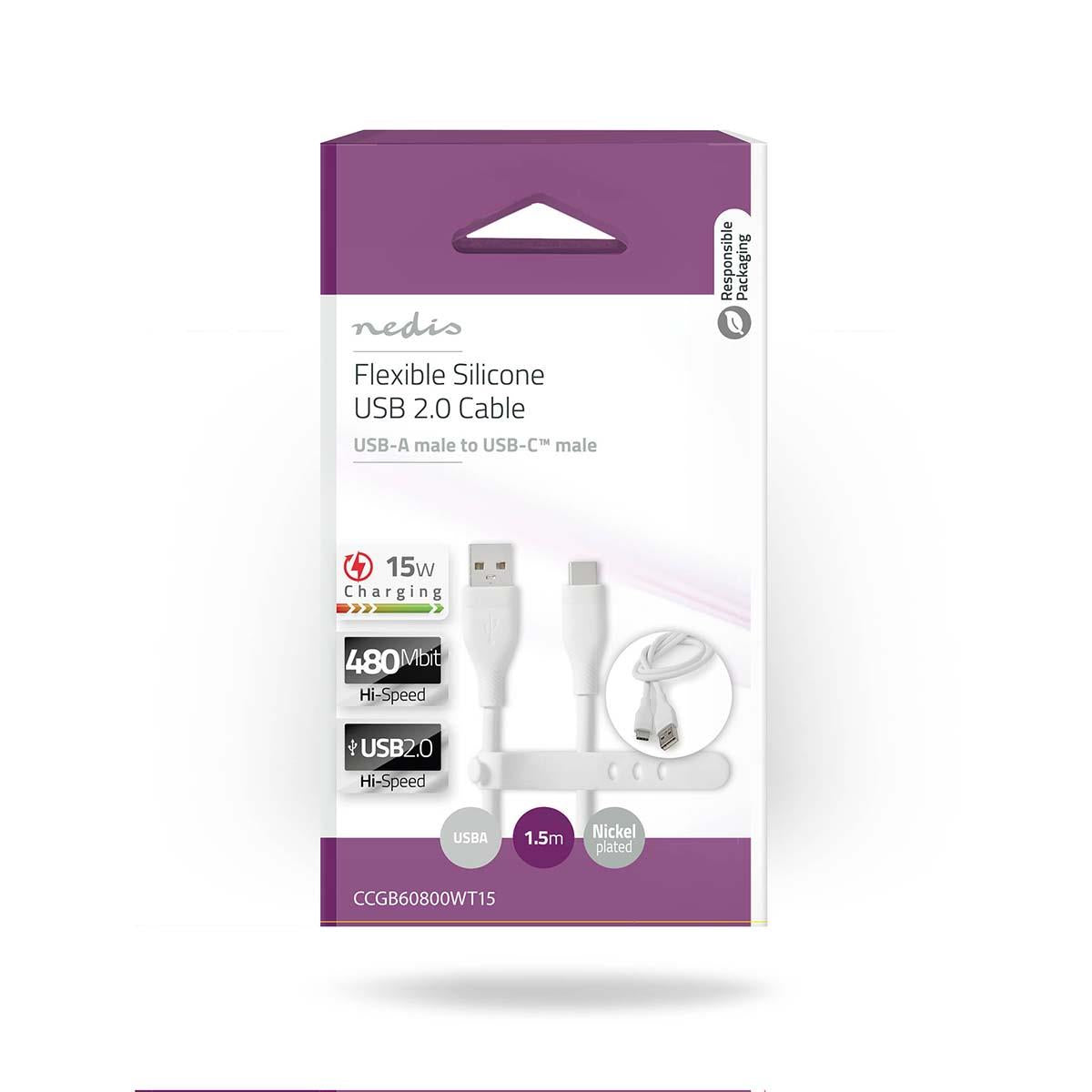Nedis USB Cable | USB 2.0 | USB-A Male | USB-C™ Male | 15 W | 480 Mbps | Nickel Plated | 1.50 m | Round | Silicone | White | Box