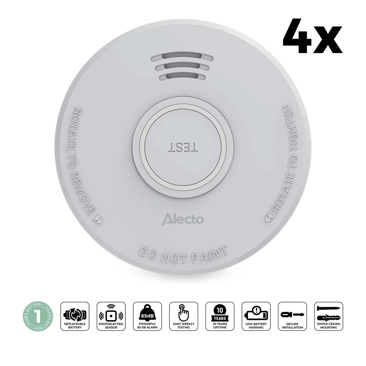 Alecto SD110 Smoke detector with Hush Button | >85 dB | Battery Powered | EN14604:2005/AC:2008 | White |4 Pack