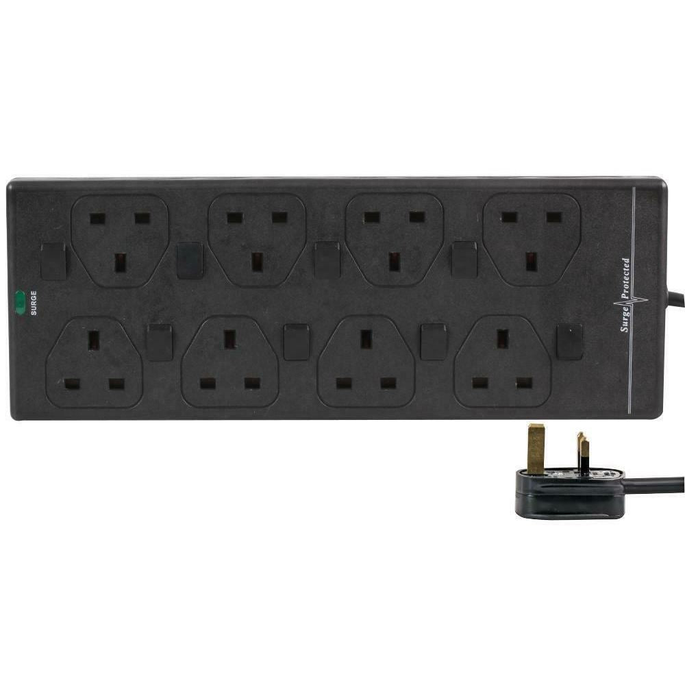 8 Gang 3m Mains Extension Lead Socket Individually Switched 13A with Surge Potection - Black
