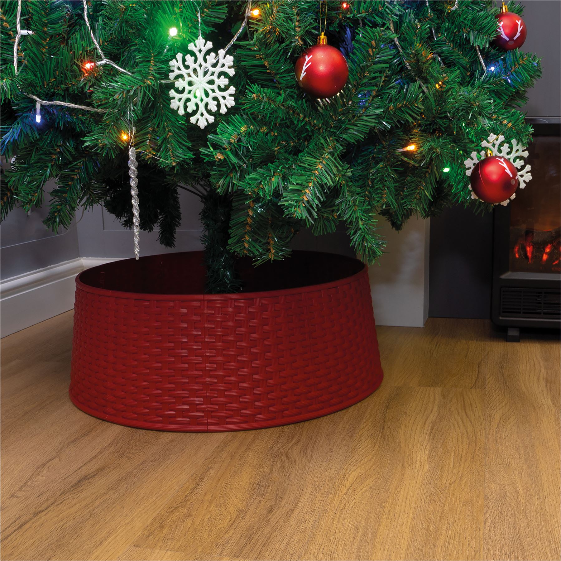 Rattan Effect Christmas Tree Skirt Easy Fold Stand Cover Base Decoration - Red