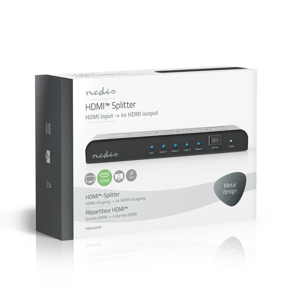 Nedis HDMI™ Splitter | 4 port(s) | HDMI™ Input | 4x HDMI™ Output | 4K@60Hz | 18 Gbps | Metal | Anthracite