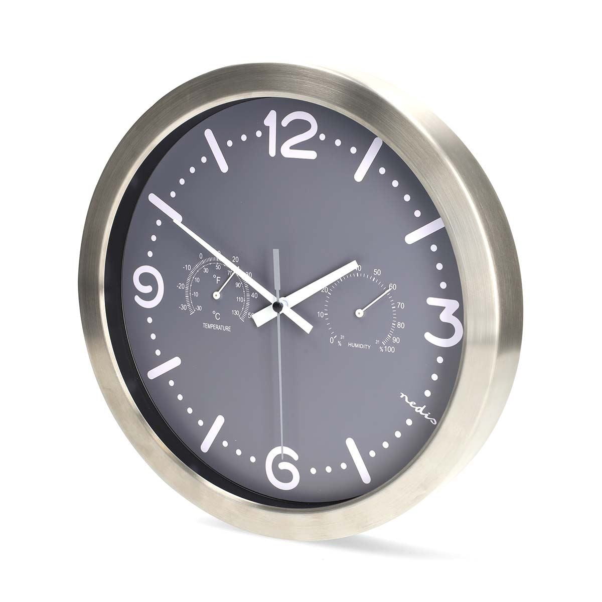 Nedis 30cm Wall Clock with Easy Read Numbers, Silent Movement, Thermometer, Hygrometer, Battery Powered - Aluminium Silver