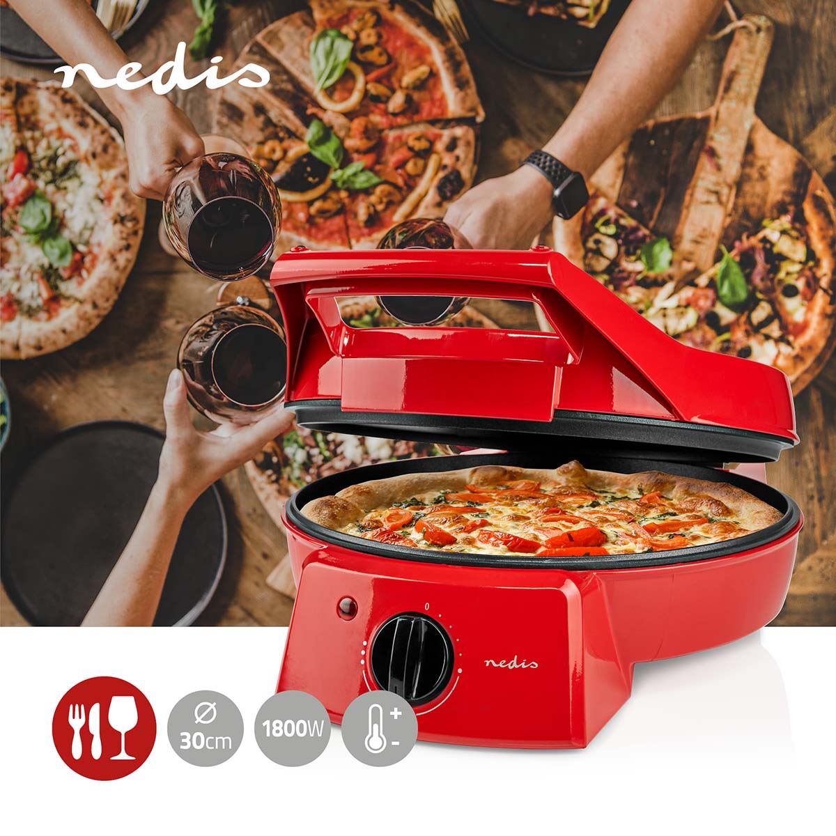 Nedis Electric Pizza Maker & Grill, 1800W, with Non-Stick 12" Plates, Adjustable Temperature & 180° Opening