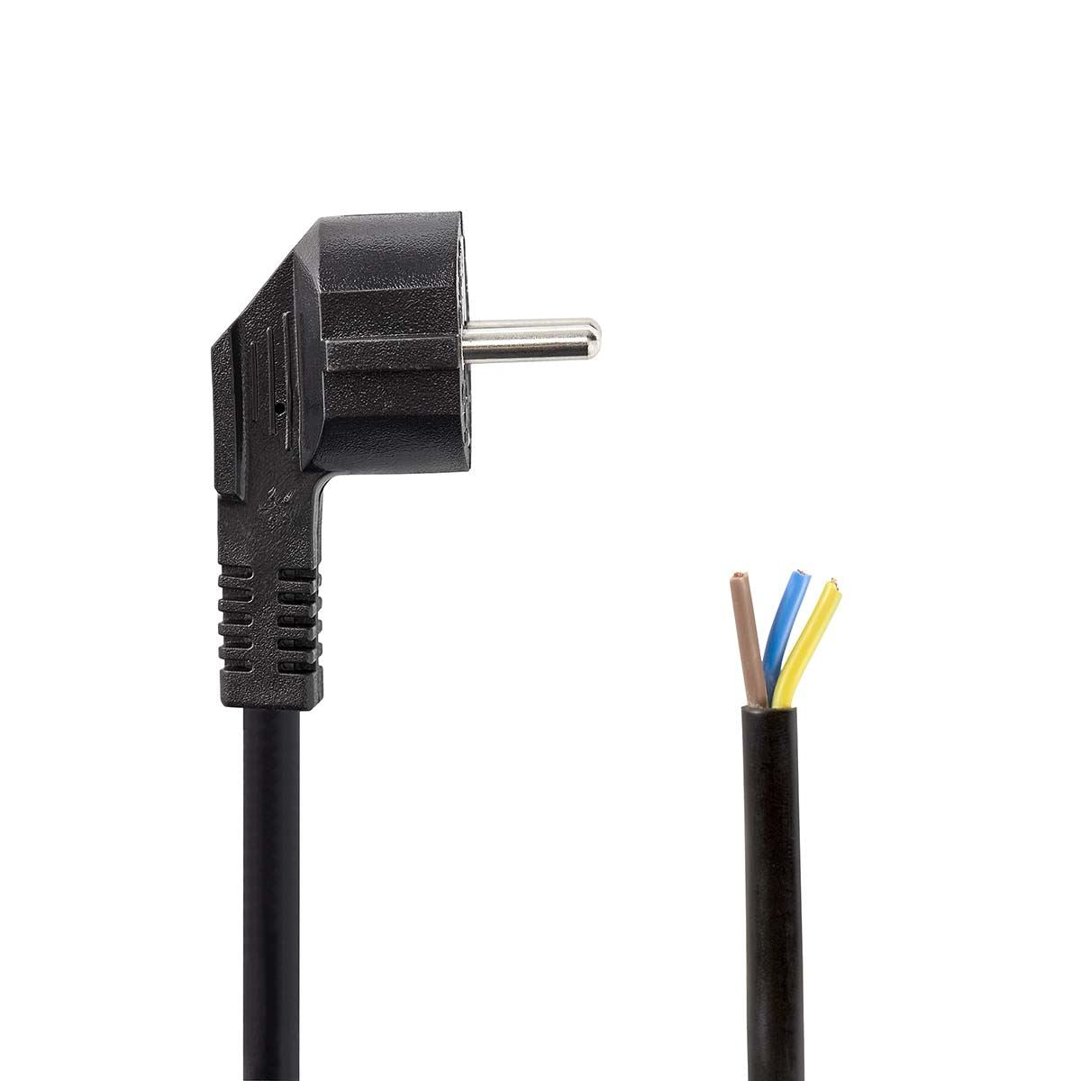 Nedis Power Cable | Plug with earth contact male | Open | Angled | Straight | Nickel Plated | 2.00 m | Round | PVC | Black | Label