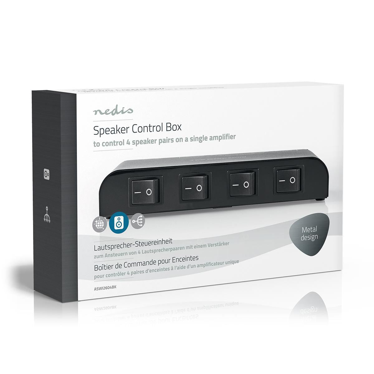 Nedis Speaker Control Switchbox | 4 port(s) | Terminal Clamps | Speaker impedance: 4-16 Ohm | Maximum load per channel: 200 W | Aluminium | Black