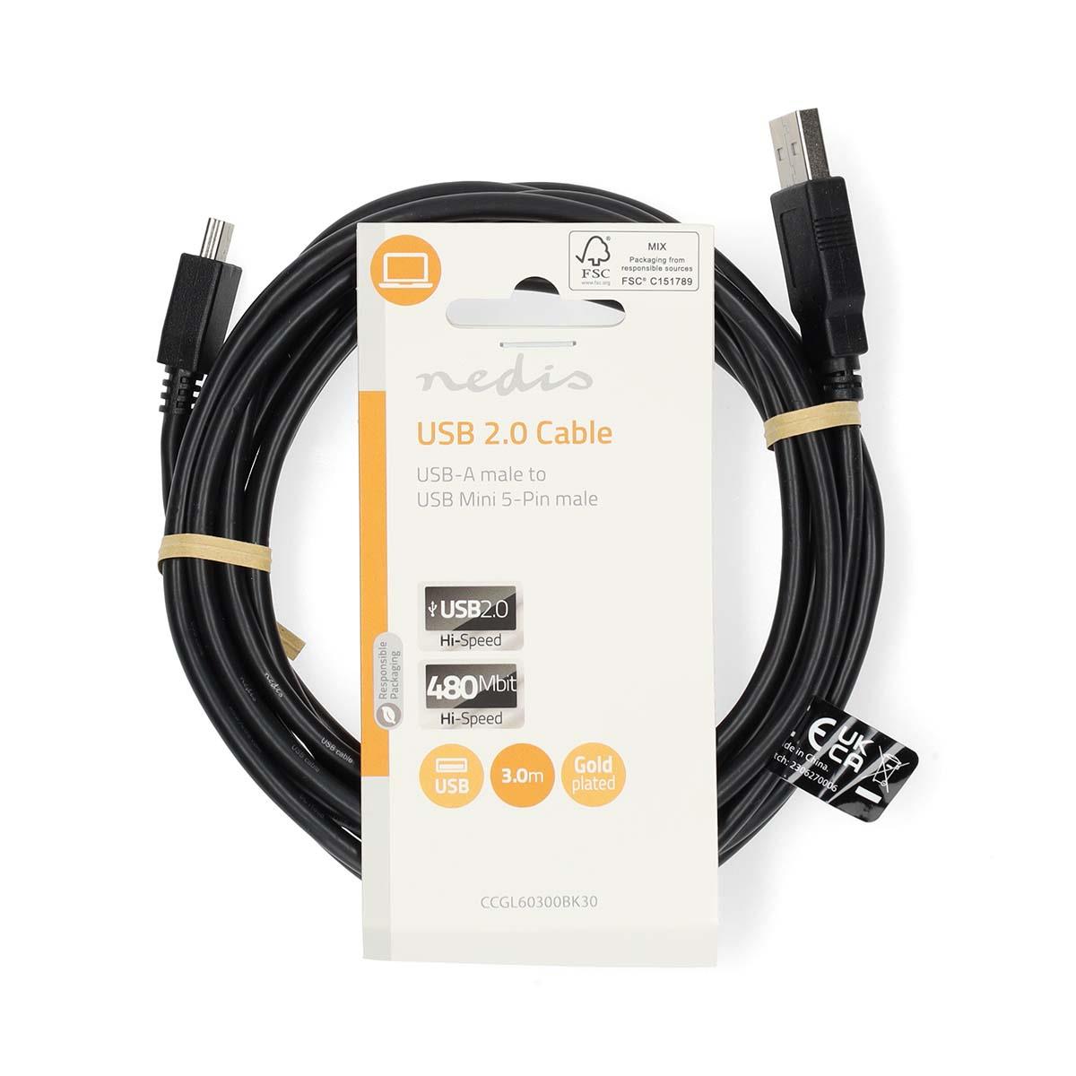 Nedis USB Cable | USB 2.0 | USB-A Male | USB Mini-B 5 pin Male | 480 Mbps | Nickel Plated | 3.00 m | Round | PVC | Black | Label