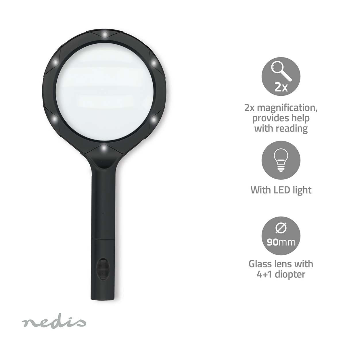 Nedis Handheld LED Magnifiers | Lens strength: 4 Diopter | 10000 K | 0.05 W | 9 lm | Black
