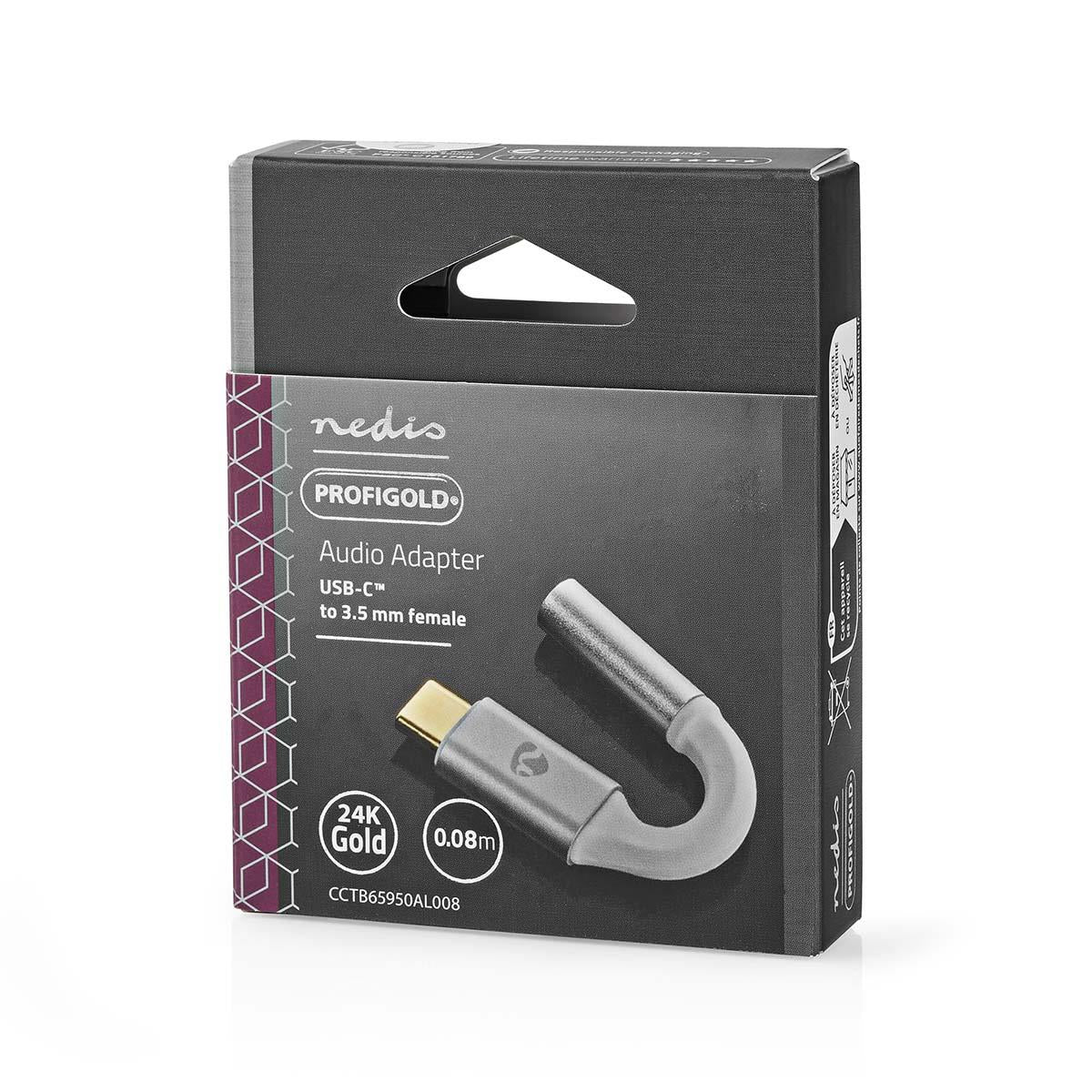 Nedis USB-C™ Adapter | USB 2.0 | USB-C™ Male | 3.5 mm Female | 0.08 m | Round | Gold Plated | Braided / Nylon | Silver / White | Cover Window Box