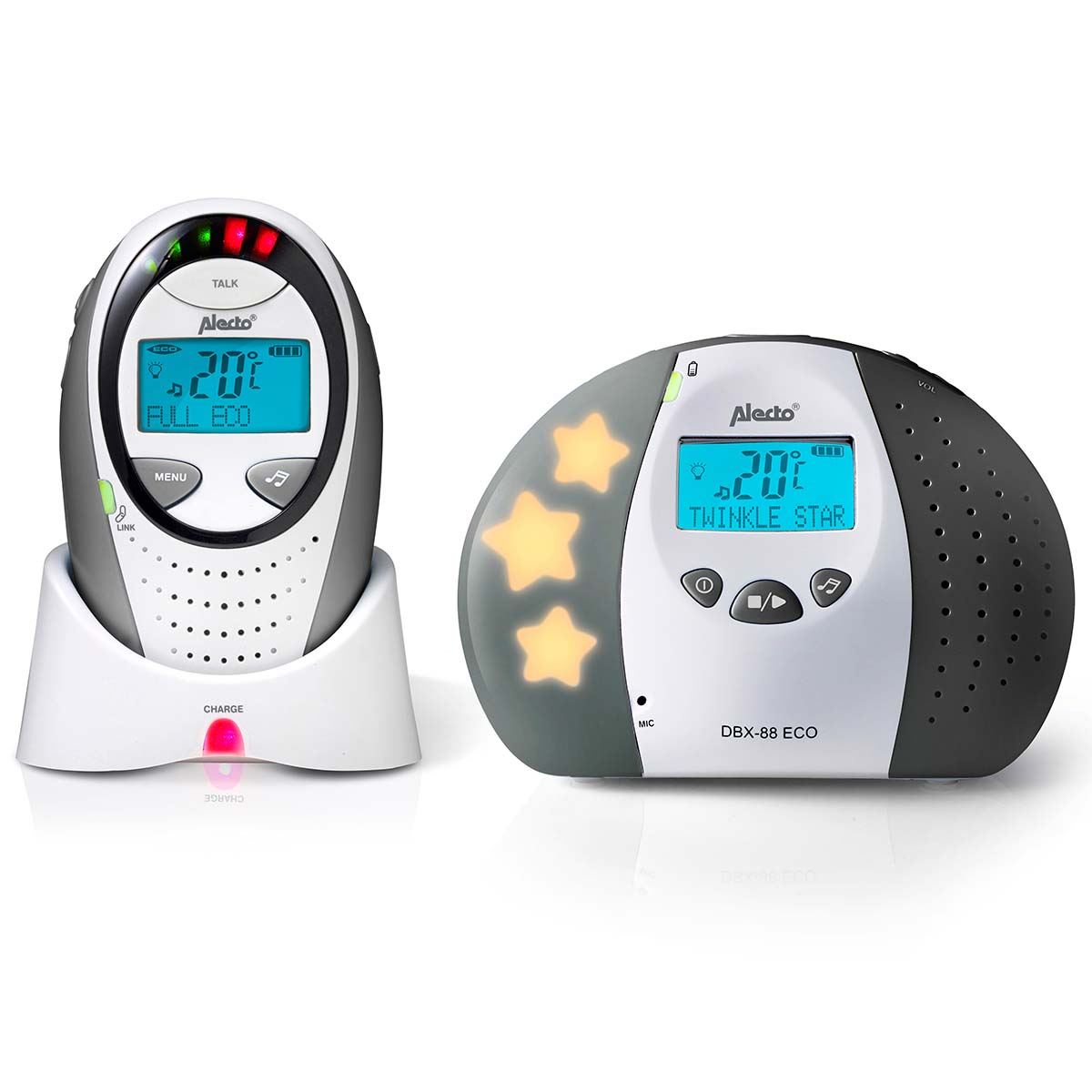 Alecto DBX88G Digital Audio Baby Monitor, Parent Unit with Rechargeable Battery, Long Range, Digital Transmission, Crystal-Clear Sound, lullaBY, Plug & Play, Sound Indicator & Alerts