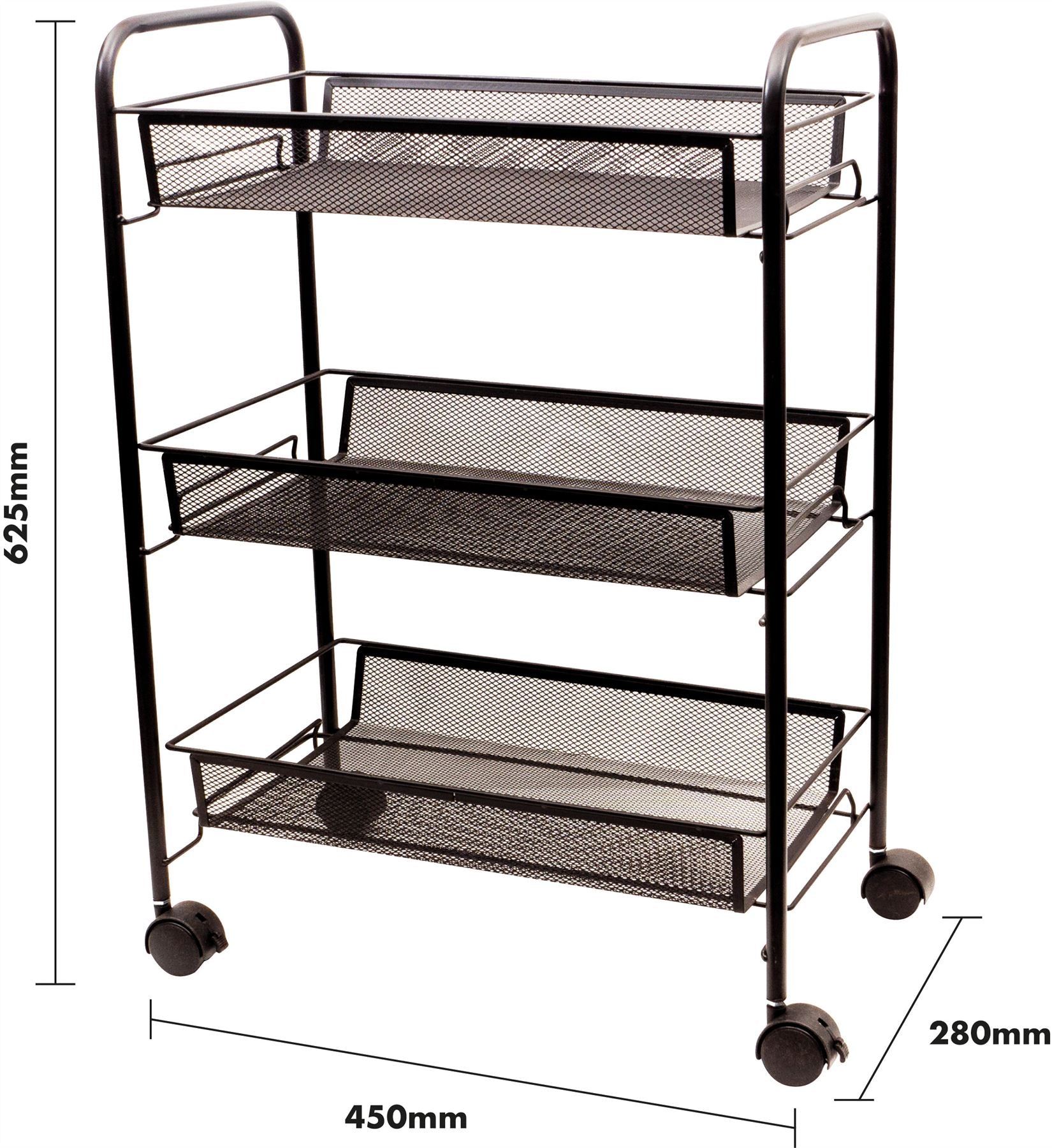 Kitchen Trolley Storage Cart Rolling Three Tiers Storage Rack Trolley on Castors - Black
