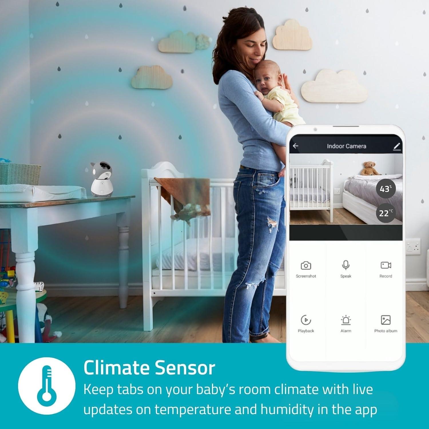Nedis Smart Wifi Baby Monitor, Indoor Camera Full HD 1080p, Night Vision, PTZ, Motion & Sound Detection, 2-Way Audio, Humidity & Temperature Sensor, App Control � White/Grey