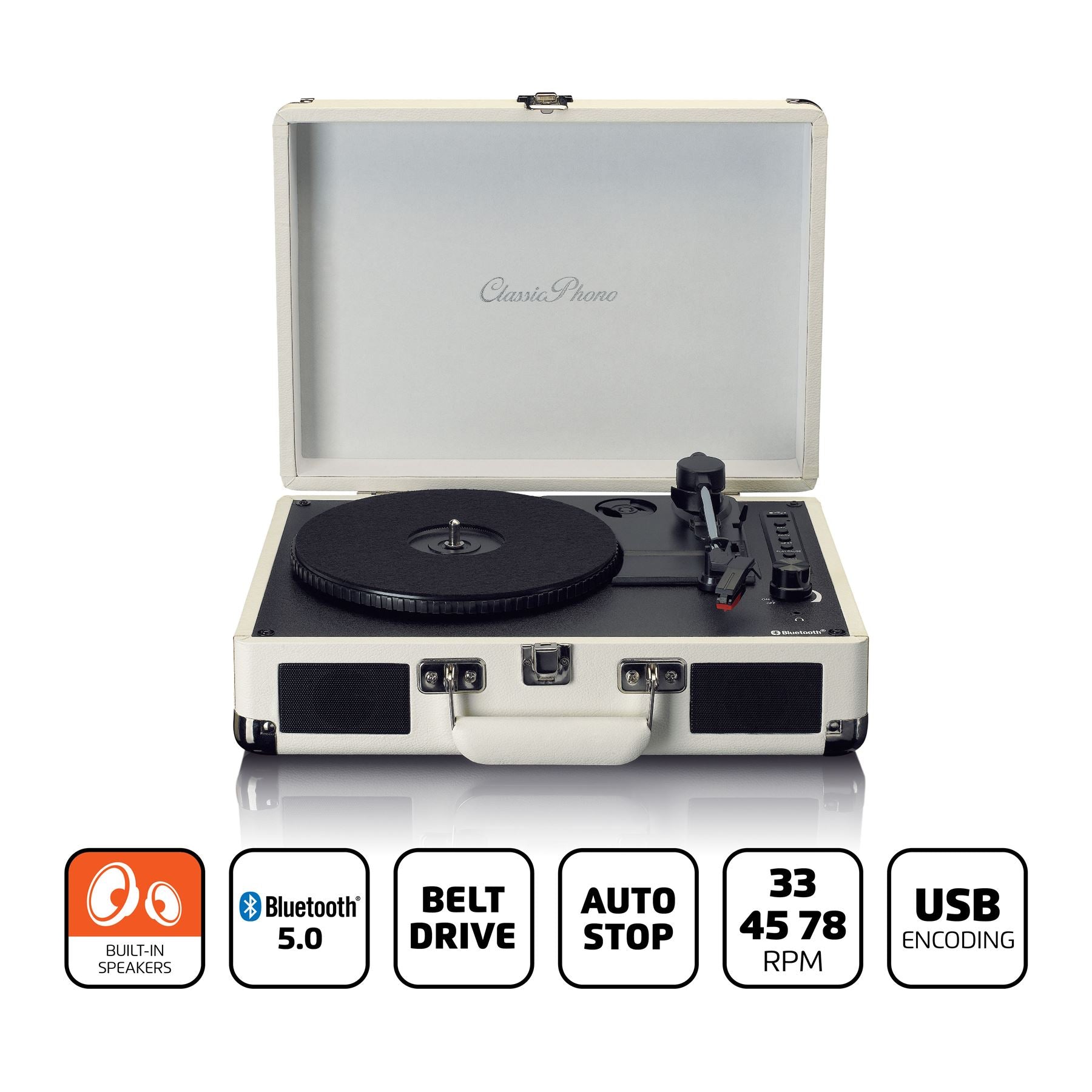 Lenco TT-115CR Retro Viynl Record Turntable with Built-in Speakers, Bluetooth, USB Play/Encode & Aux Output - Black