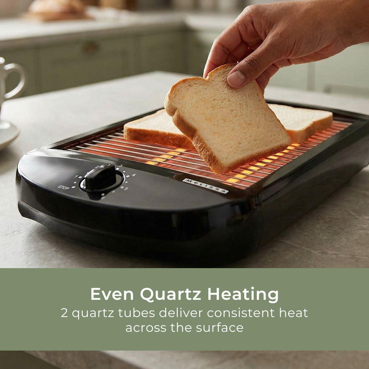 MELISSA Flat Toaster all types of Bread / Baked Goods, 600W, Timer with 6 Toast Levels, Buzzer and Crumb Tray - Black