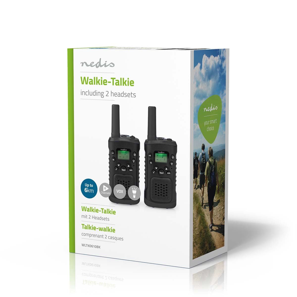 Nedis Walkie Talkies for Adults Long Range Two Way Radios - PMR Walky Talky PTT VOX Easy to Use 8 Ch | Headphone Set| 6km | 3 Hour | Flashlight | Black
