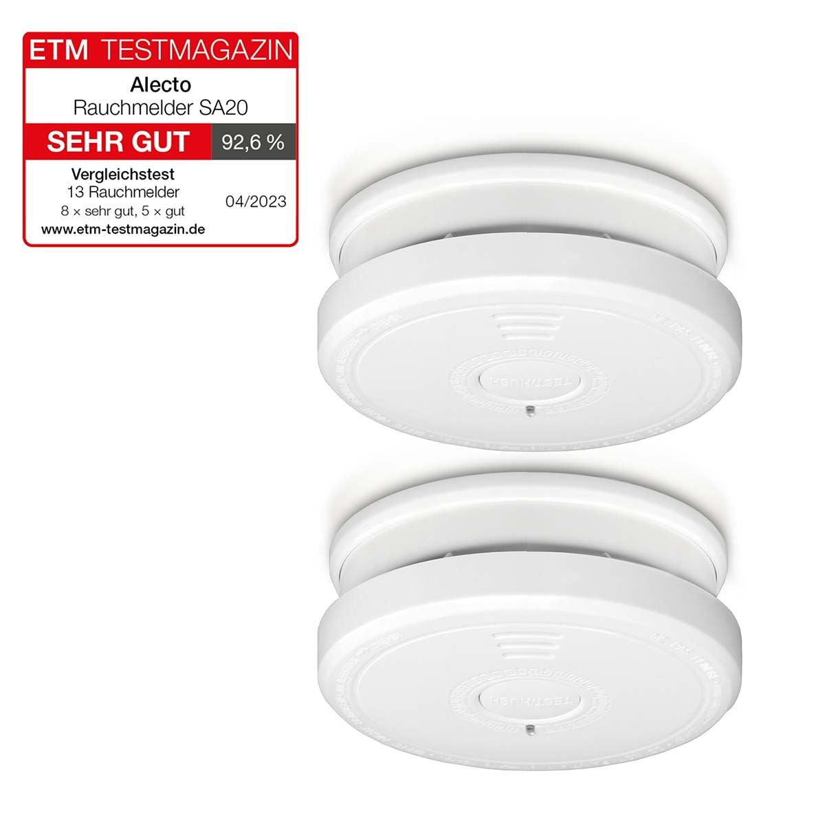 Alecto SA20 Smoke detector with Hush Button | >85 dB | Battery Included | EN14604:2005/AC:2008 | White |2 Pack