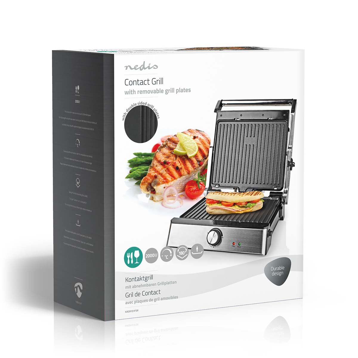 Nedis 2 in 1 2000w Compact Electric Table Top Grill & Non Stick Panini Sandwich Press Toastie Maker - Stainless Steel