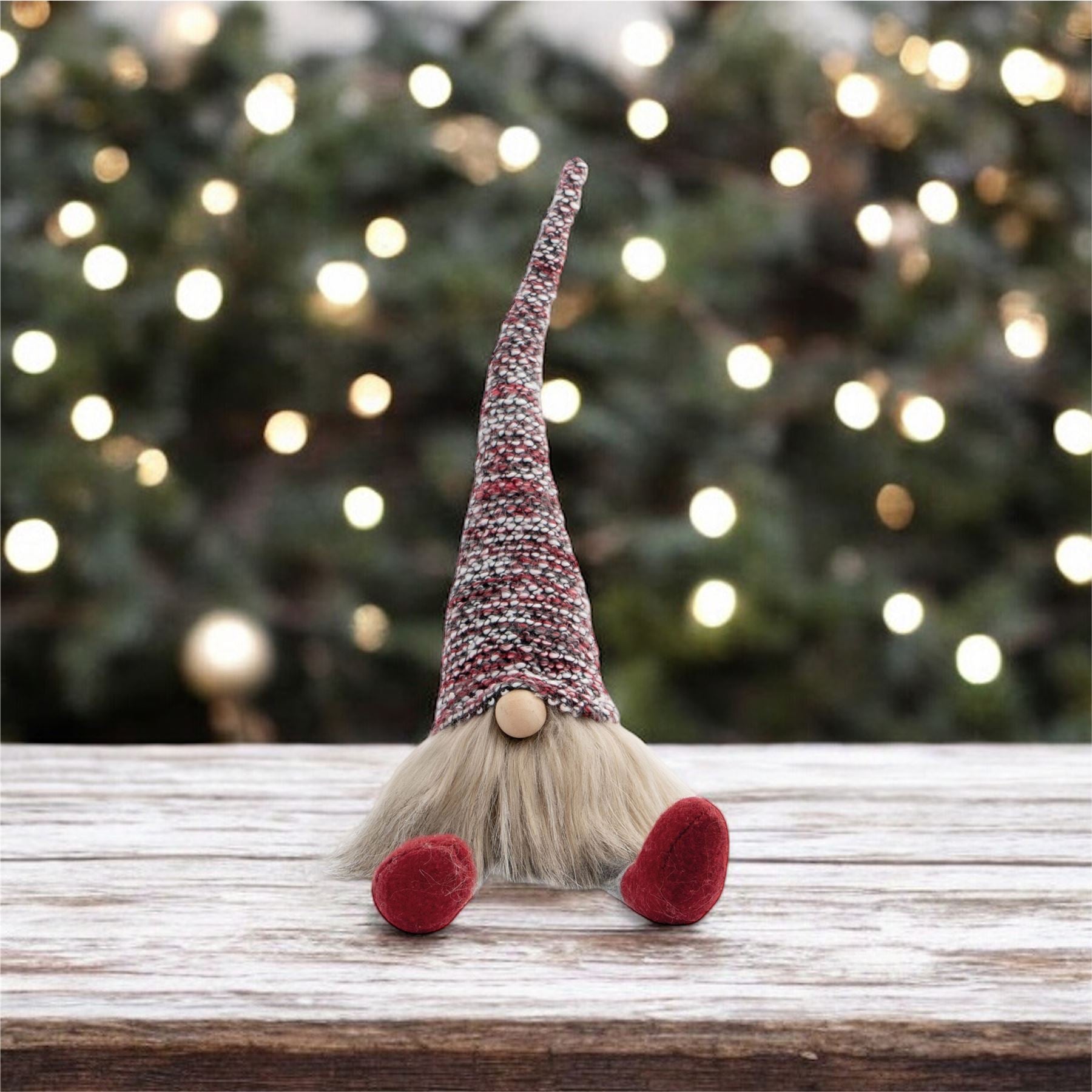 Knitted "Hans" Christmas Sitting Gonk Decoration Nordic Gnome Elf Festive Ornament with Wooden Nose - Red Check