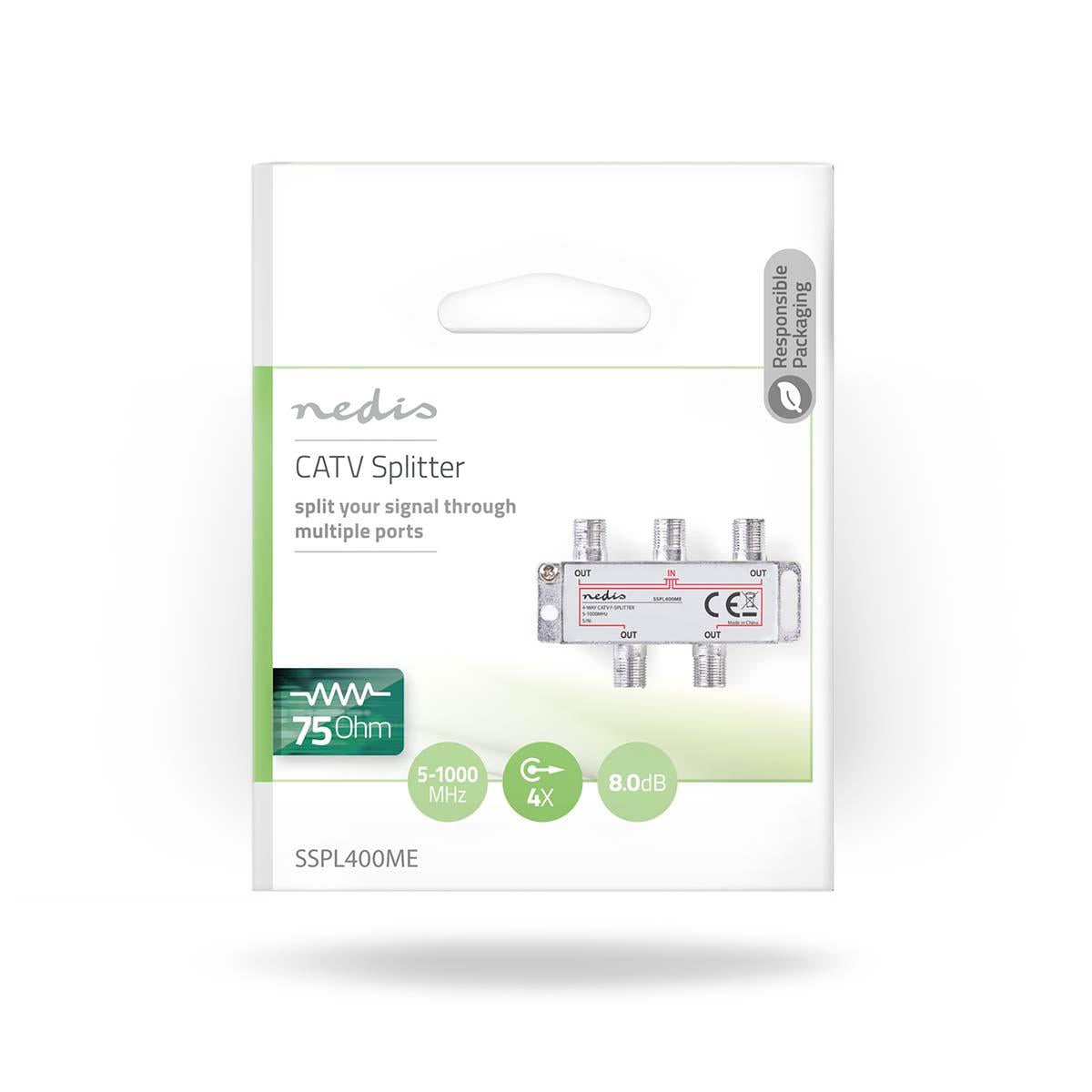 Nedis CATV Splitter | 5 - 1000 MHz | Insertion loss: 8.0 dB | Number of outputs: 4 | 75 Ohm | Zinc Alloy