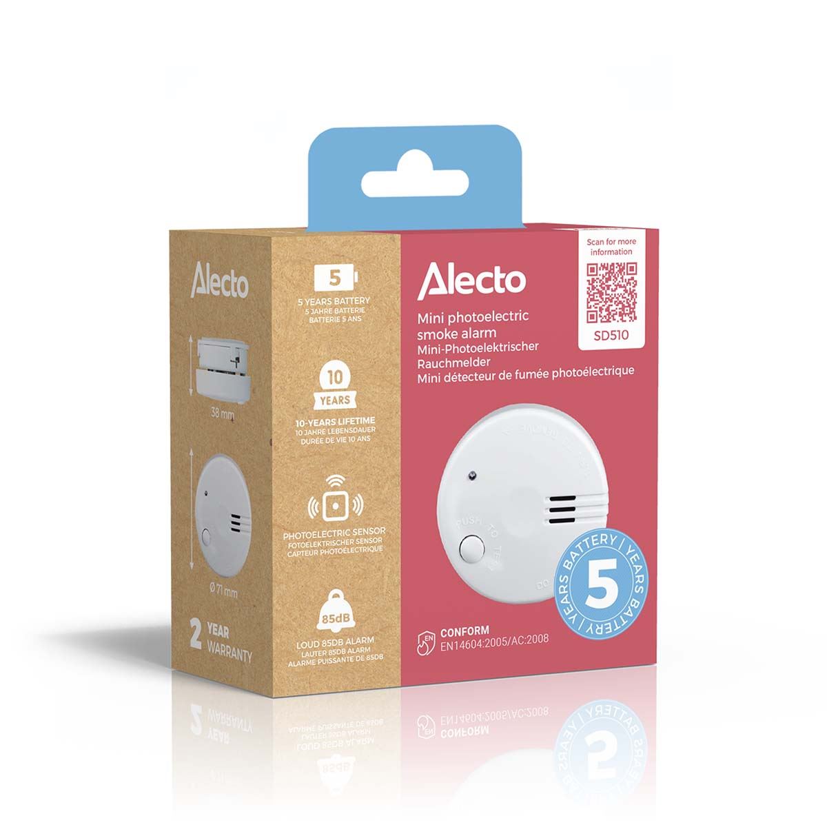 Alecto SD510 Mini Smoke detector with Hush Button | >85 dB | 5 Year Battery Powered | EN14604:2005/AC:2008 | White