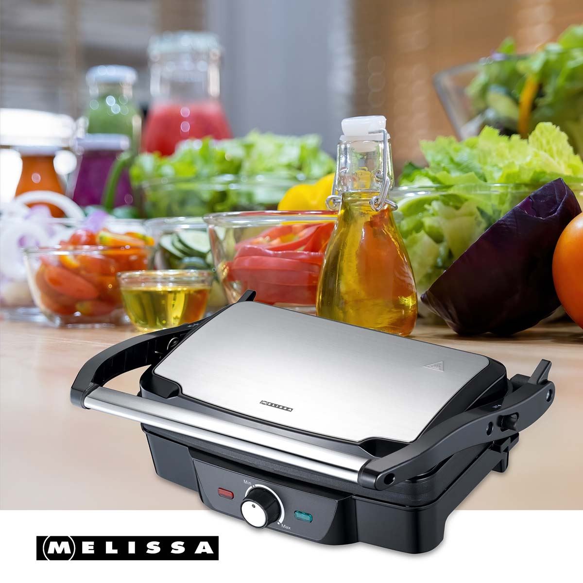 MELISSA 2-in-1 Electric Panini Press & Grill, Fold-Out, 1600W with Non-Stick Reversible Plates, Adjustable Temperature Control & Drip Tray