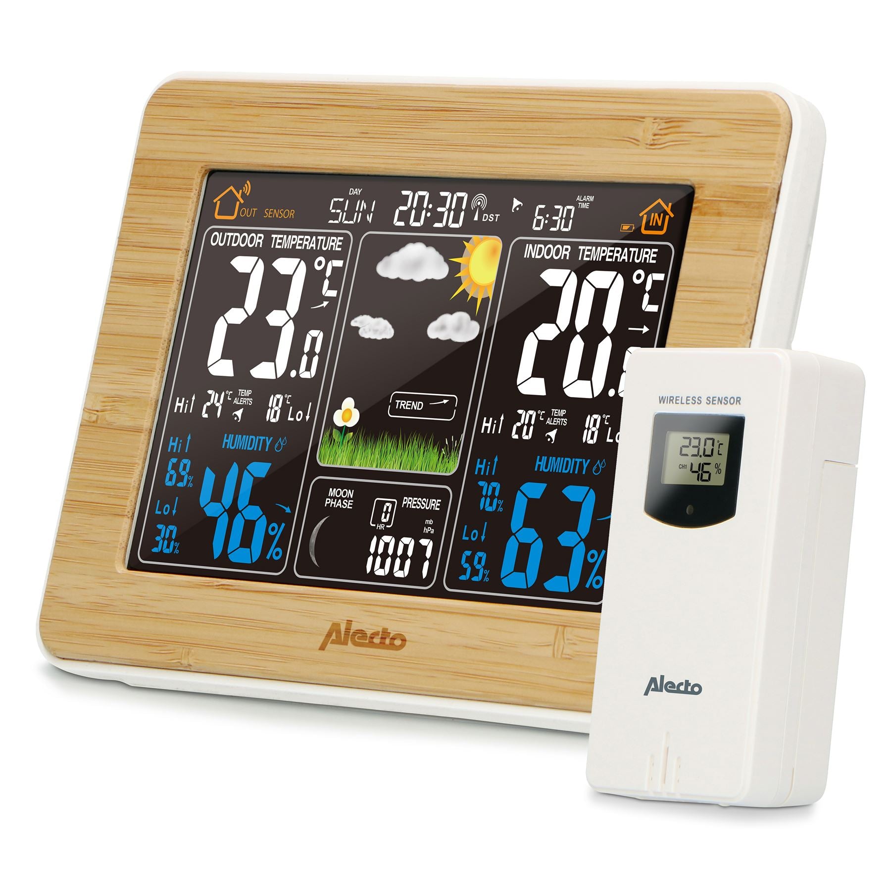 Alecto WS-1560 Indoor/Outdoor Wireless Weather Station, Temperature, Pressure, Forcast, Humidity, Moon Phase & More - Bamboo