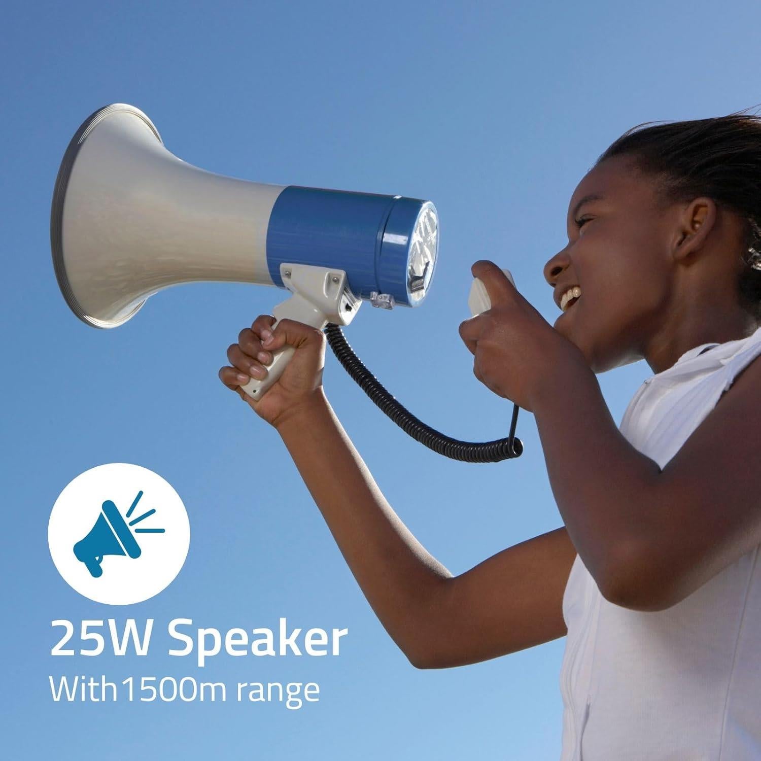 Nedis Professional 25W Super Loud Megaphone with Detachable Handheld Microphone, Built-In Siren, Adjustable Volume and Shoulder Strap