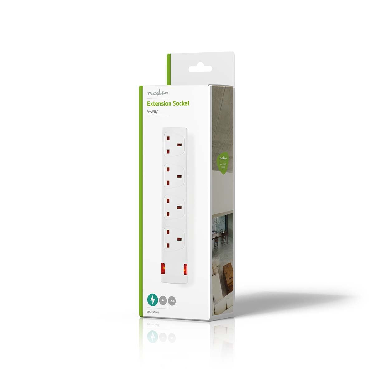 4 Gang 1.5m Mains Extension Lead Socket 13A - White