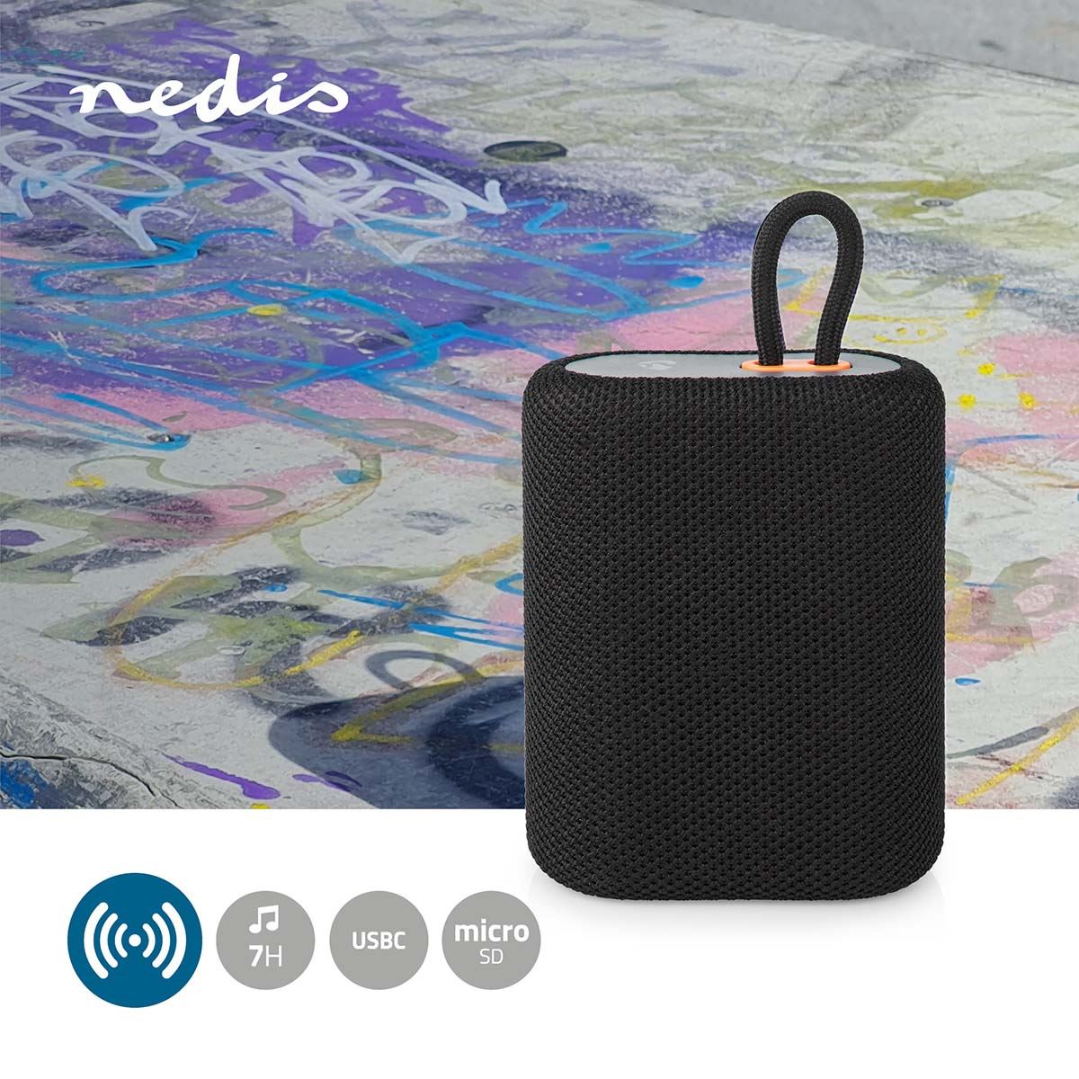 Nedis Portable Bluetooth Speaker, 7W Wireless Speaker with TWS, Carry Loop, MicroSD Playback, Crisp Sound & Bass, Built-In Mic, Compact Design, Bluetooth 5.3, USB-C Charging � Black