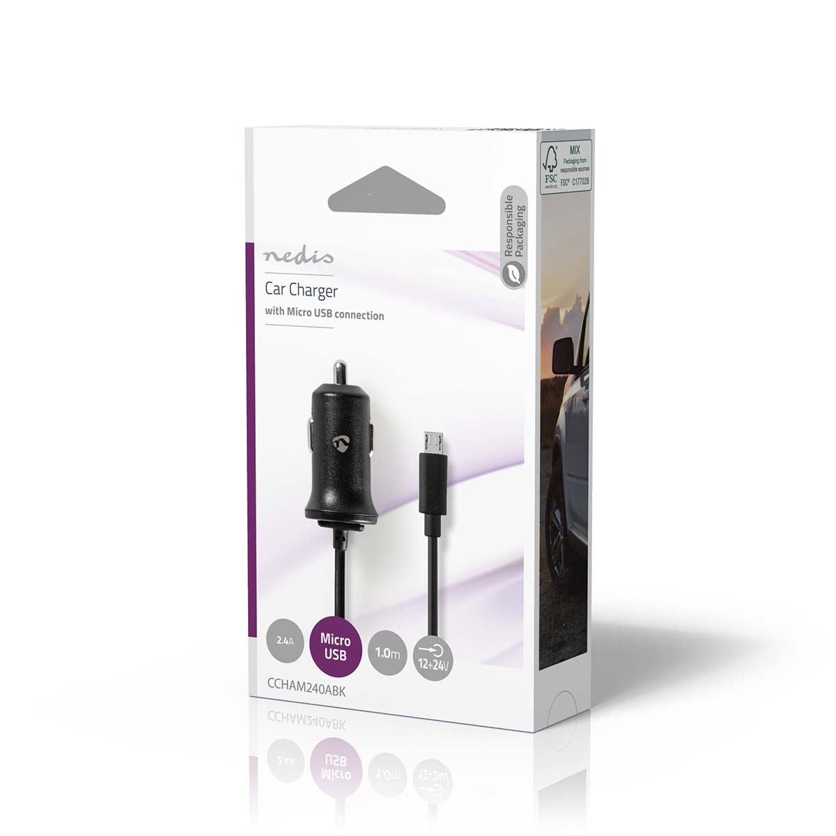 Nedis Car Charger | 12 W | 1x 2.4 A | Number of outputs: 1 | Micro USB (Fixed) Cable | 1.00 m | Single Voltage Output