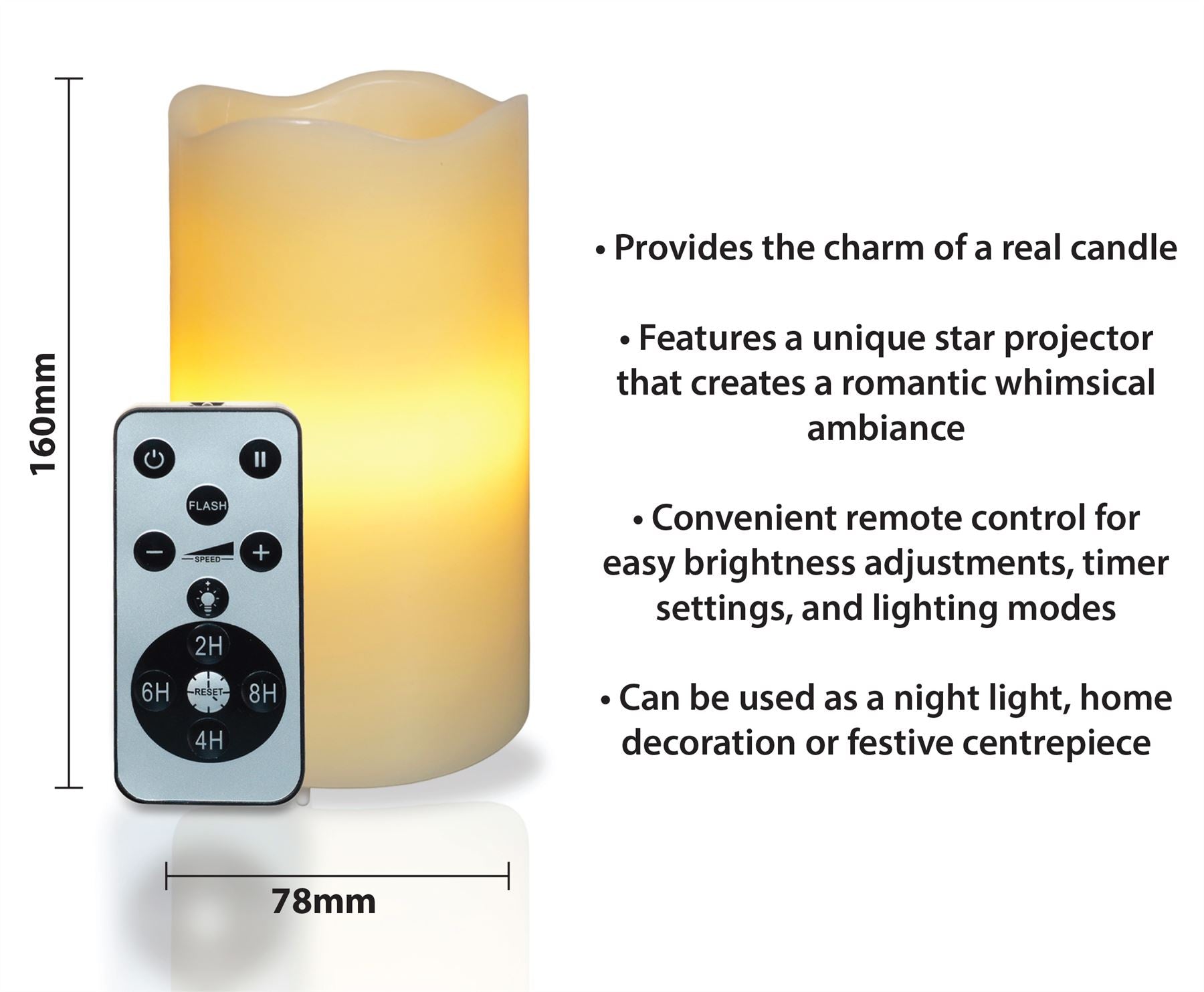 LED Artificial Flameless Candle with White Stars Projector Light, Dimmable Brightness and Timer