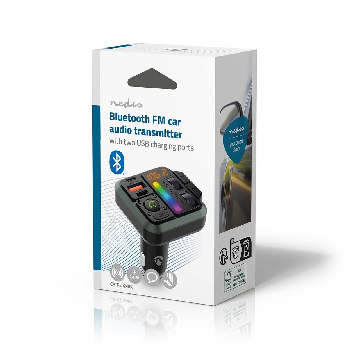 Nedis Bluetooth 5.3 Wireless Car FM Transmitter Charger USB-C USB-A Car Cigarette Lighter