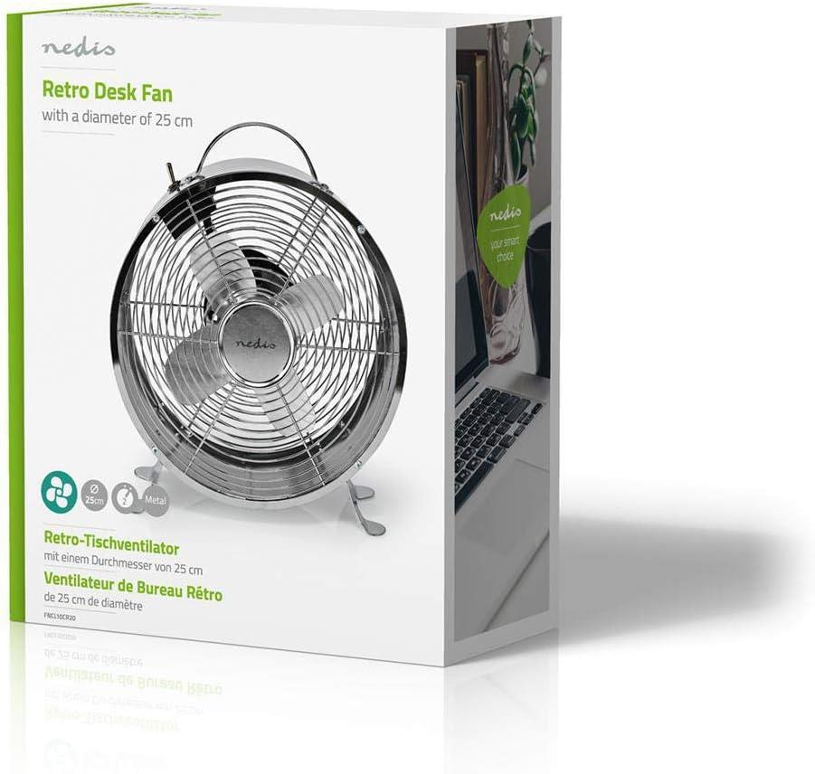 Nedis Retro Desk Fan 9-inch cm, 2-Speed Vintage Air Cooler 25 cm with Carrying Handle, Chrome