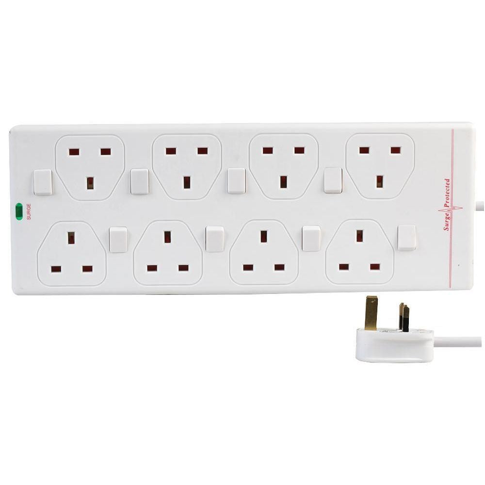 8 Gang 10m Mains Extension Lead Socket Individually Switched 13A with Surge Potection - White