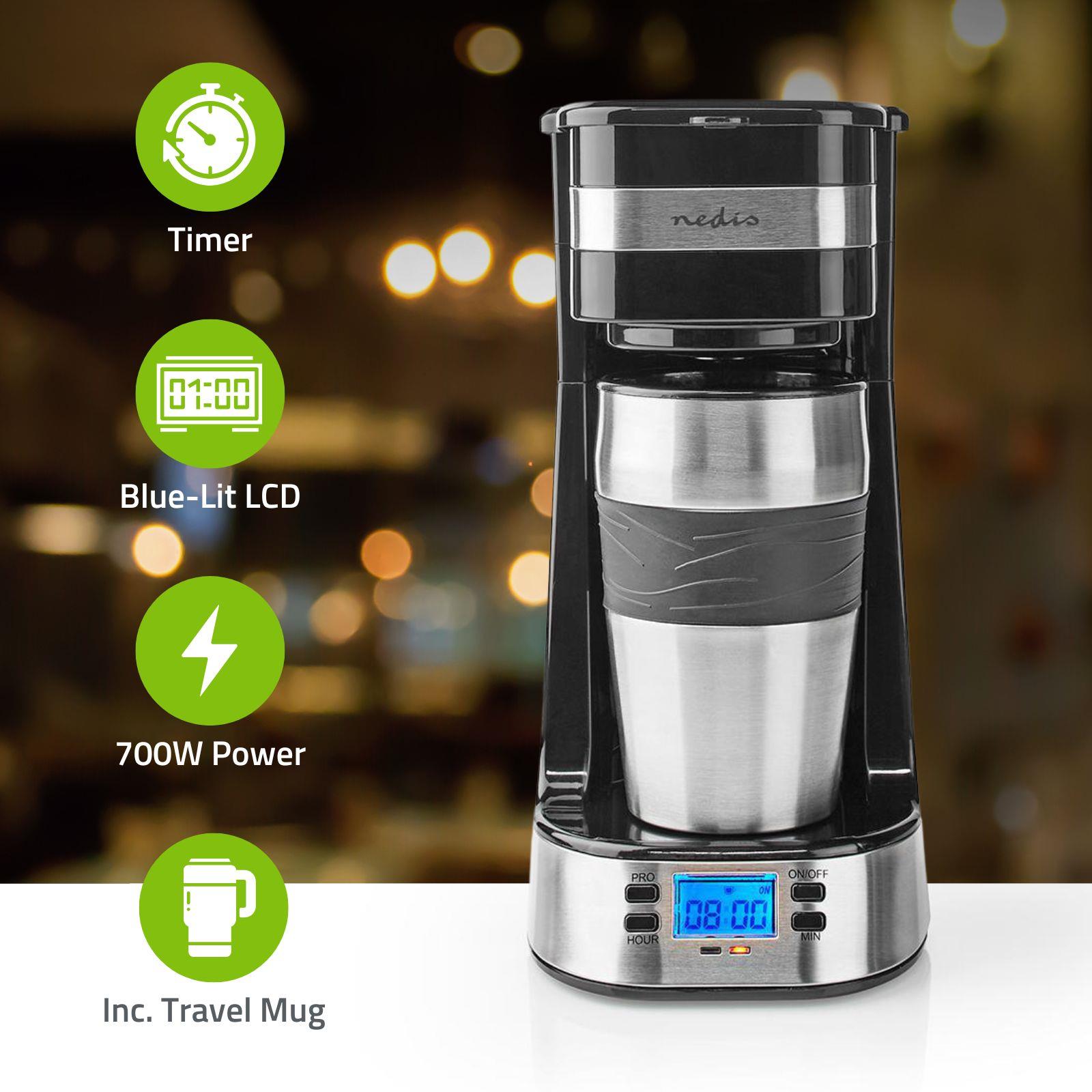 Nedis Single Serve 1 Cup Coffee Maker Digital Machine and Double Wall Insulated Travel Mug, with Timer, Stainless Steel, 420ml, Black