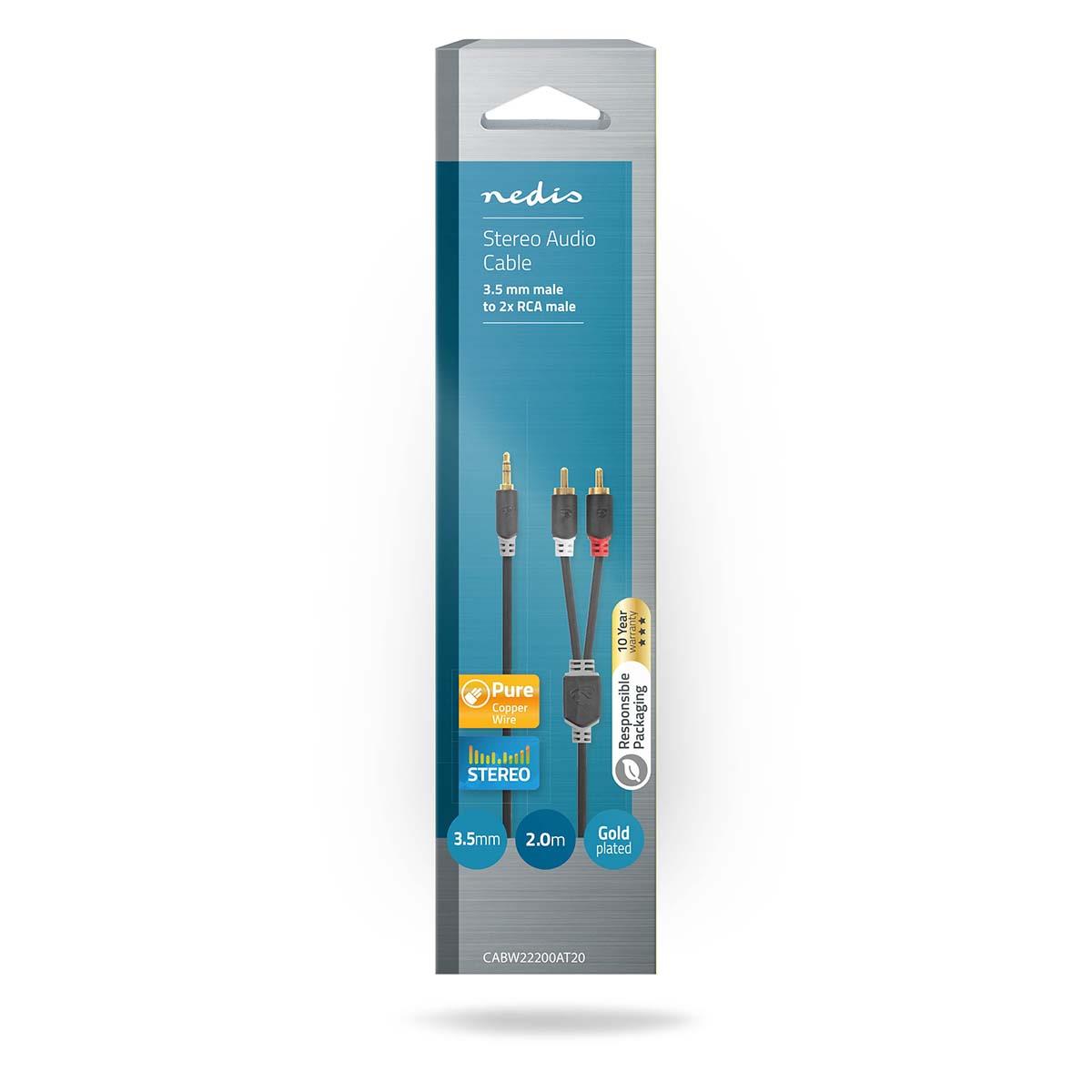 Nedis Stereo Audio Cable | 3.5 mm Male | 2x RCA Male | Gold Plated | 2.00 m | Round | Anthracite | Box