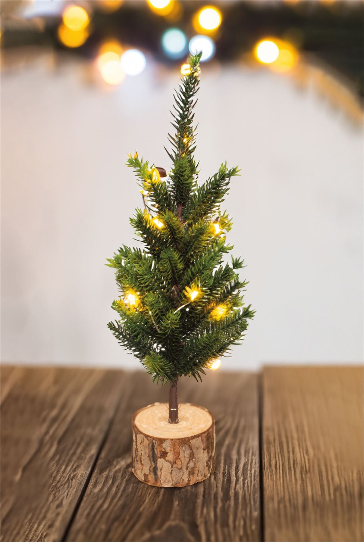 Pre-Lit Wooden Effect Mini Christmas Tree with LED Lights Battery Operated