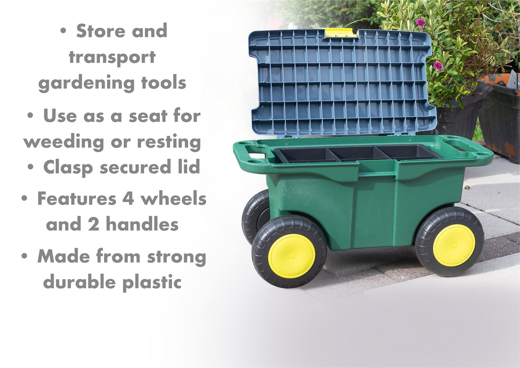 Outdoor Rolling Garden Seat Wheeled Stool with Tool Tray & Store