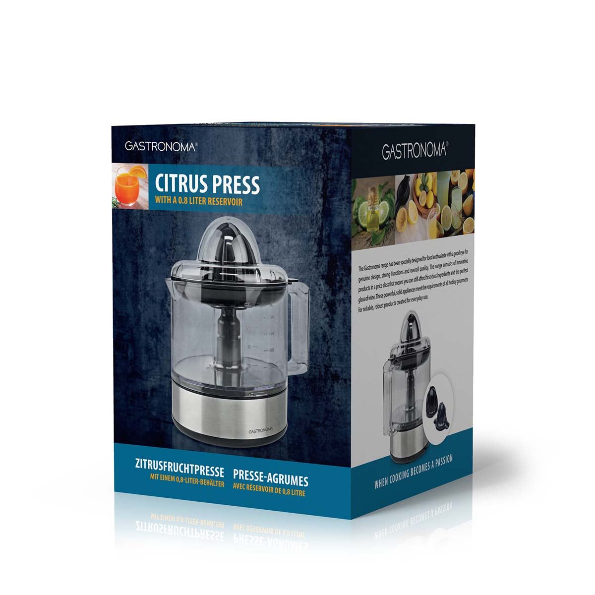 Gastronoma 800ml Electric Citrus Press Juicer with Adjustable Pulp Filter, 2x Cones and Easy Pour Spout - Black/Silver