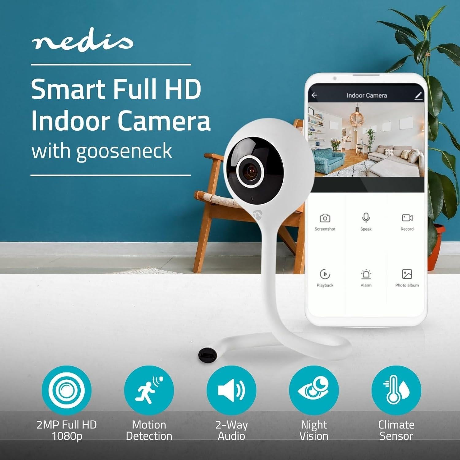 Nedis SmartLife Indoor Camera | Wi-Fi | Full HD 1080p | Cloud Storage (optional) / microSD (not included) | With motion sensor | Night vision | White