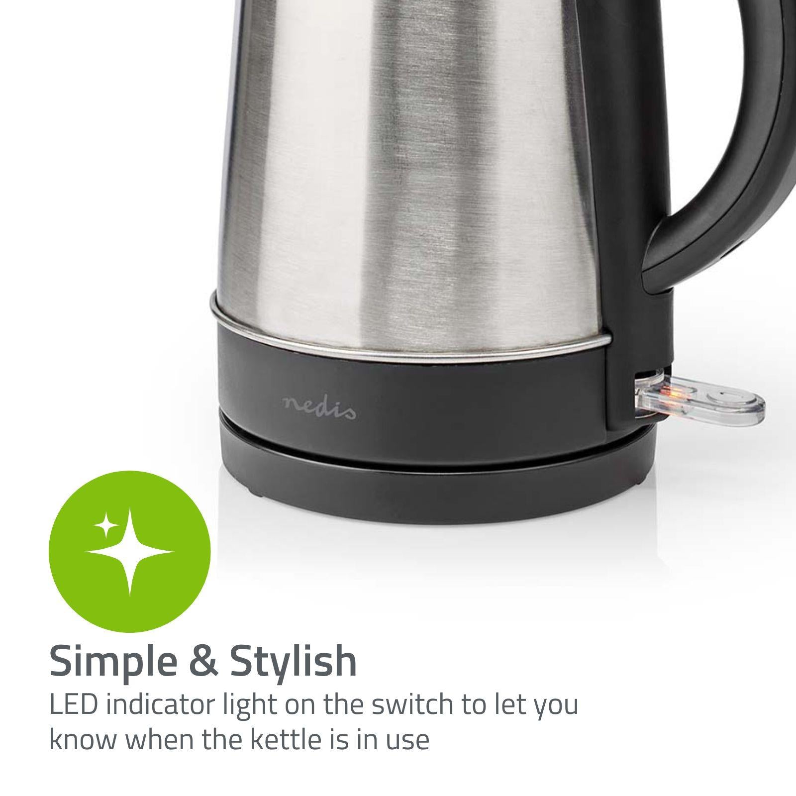 Nedis Electric Kettle, 1.7L, 2200W, Stainless Steel Jug with Quick Boil Time, Boil Dry Protection and Auto Shut Off, Cordless 360° Swivel Base, for Hot Water Tea or Coffee - Silver