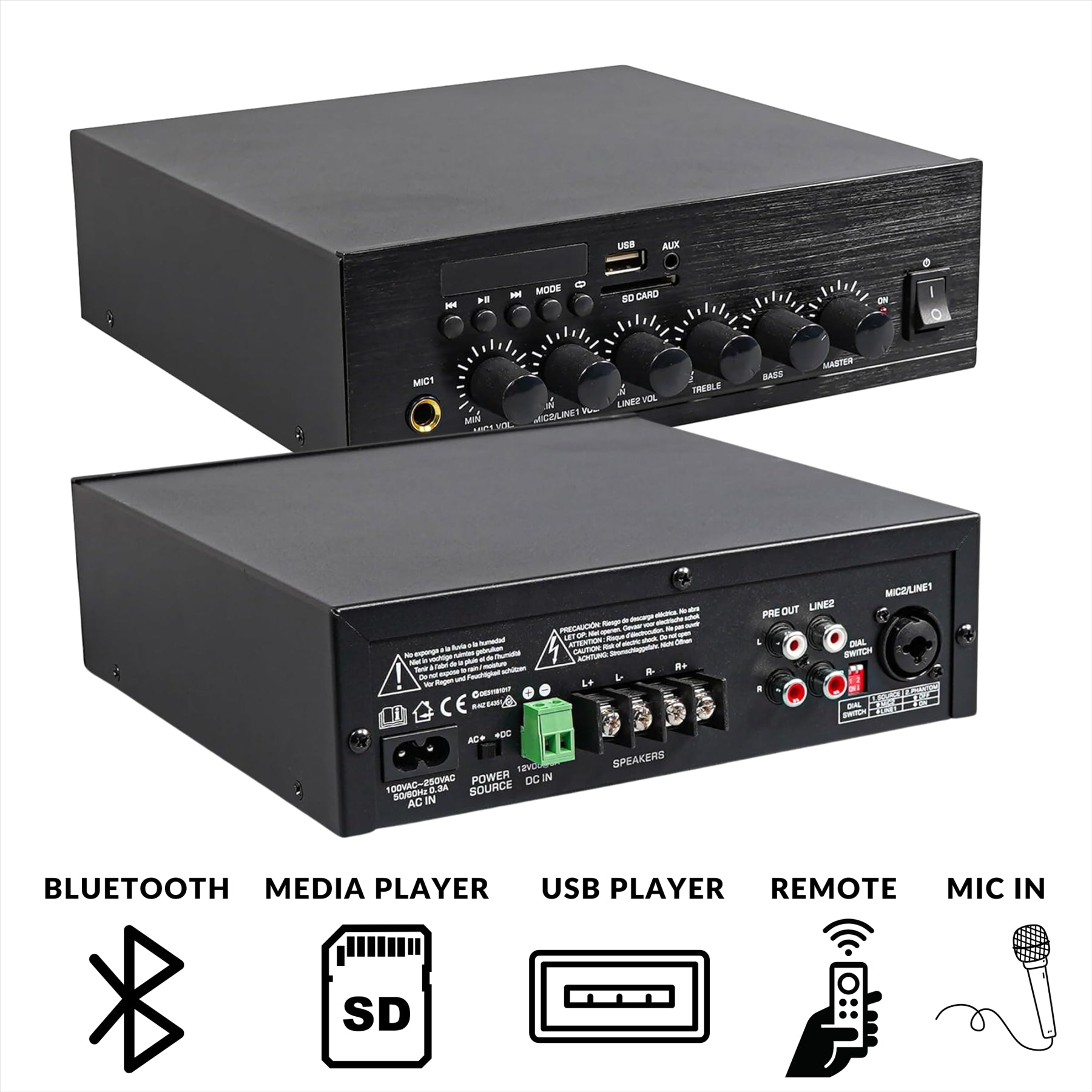 Mixer-Amplifier with USB SD Media Playback AUX and Bluetooth 30w